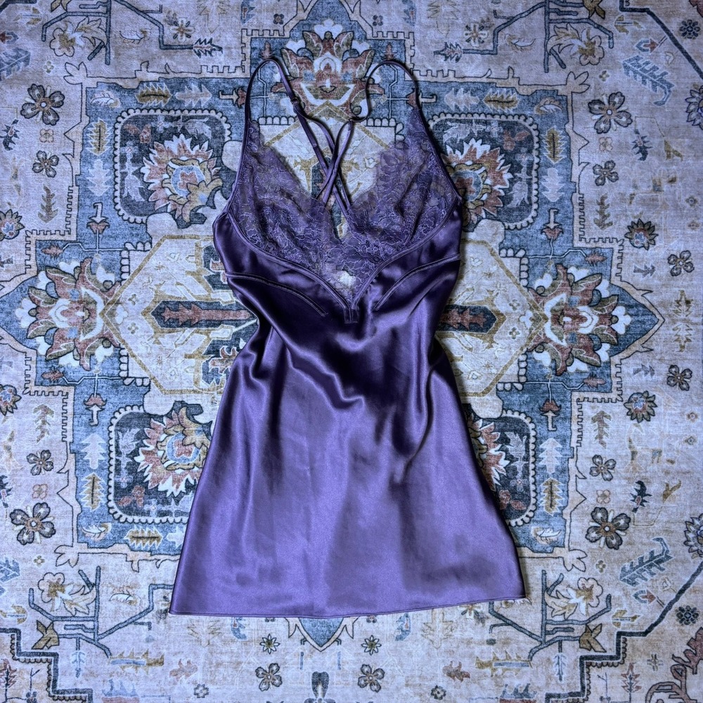 Victoria's Secret Purple Satin Lace Strappy Back Slip Nightgown Dress Small Y2K